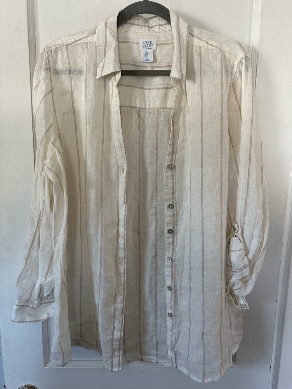 Sigrid Olsen Cream Button-Down Shirt with Tan Stripes